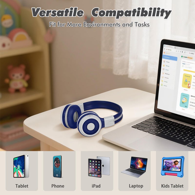 SIMOLIO Kids Headphones Bluetooth for Boys, Built-in Microphone and Share Port, Safe 75dB,85dB,94dB Volume Limited, Foldable and Adjustable, Wireless/Wired Headphones for Kids School Travel Grey - Image 4